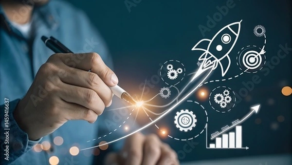 Fototapeta Startup business trend growth concept, improve development chart of company. Graph upward arrow grow up. Plan best sale performance return on investment stock, opportunity success challenge strategy 