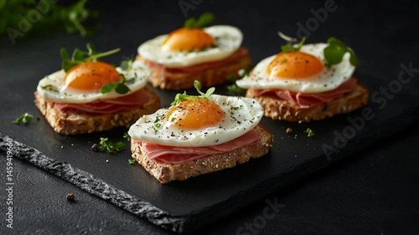 Fototapeta A beautiful food photography of three open-faced sandwiches with eggs, ham, and vegetables on a black slate plate, against a dark background.
