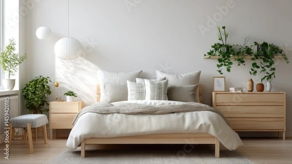 Fototapeta Serene Bedroom Retreat: a bright and airy bedroom features a minimalist bed, elegant nightstands, and natural light streaming in, creating a tranquil and inviting atmosphere.