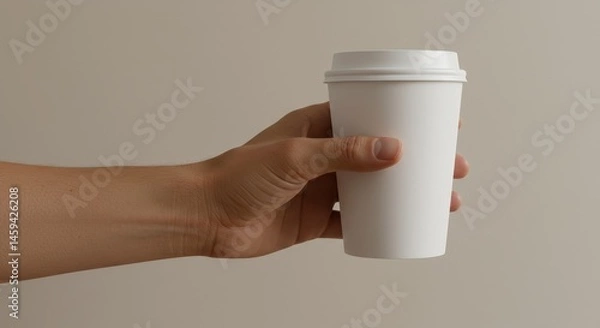 Fototapeta Hand Holding a Coffee Cup - A hand holds a plain white paper coffee cup against a neutral beige background. Concepts: simplicity, minimalism, everyday moments, beverage, caffeine