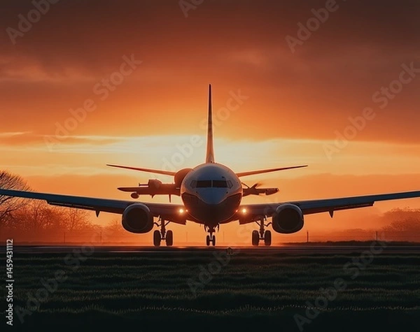 Fototapeta Jet aircraft taxiing on runway at sunrise.  Silhouetted against vibrant orange sky,  plane's front facing forward.  Early morning light