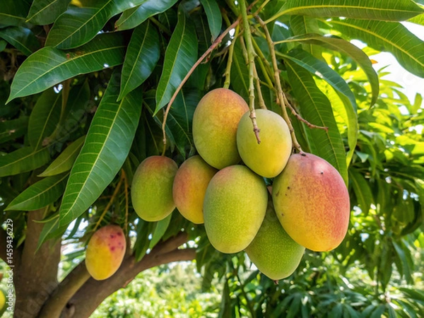 Fototapeta Fresh tropical mangoes attached to a branch, showing different stages of color and ripeness on the tree
