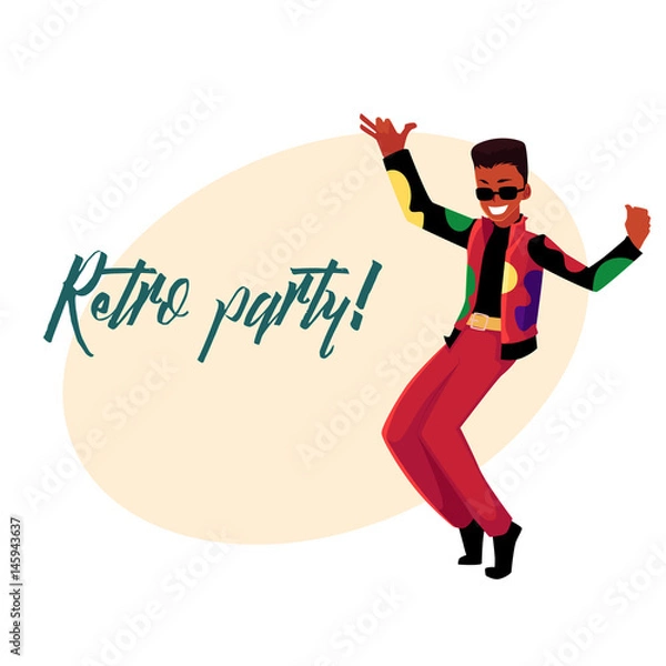 Fototapeta Retro disco party invitation, poster template, layout with black, African dancing man in 1980s style clothes, cartoon vector illustration. 80s style disco party invitation banner, poster template