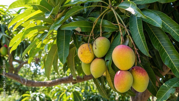 Fototapeta Multiple colorful mangoes ripening on a branch among green leaves on a tropical tree, showing natural growth.