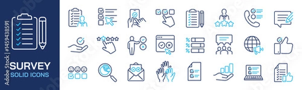 Fototapeta Set of collection line icons related survey, opinion, questionnaire. Editable stroke. Perfect pixel on transparent background