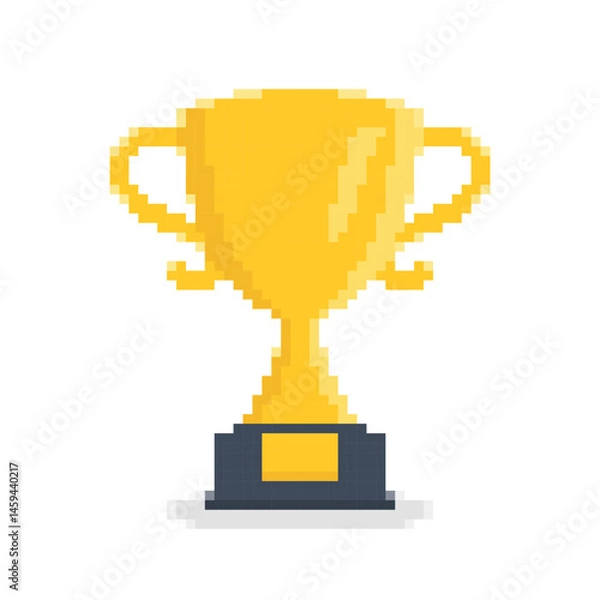 Obraz Pixel art illustration of a golden trophy with two handles and a black base, symbolizing victory or achievement, isolated on a white background.