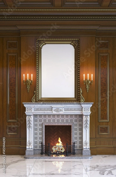 Obraz Fireplace on the background of a classic interior with wood paneling. 3d rendering.