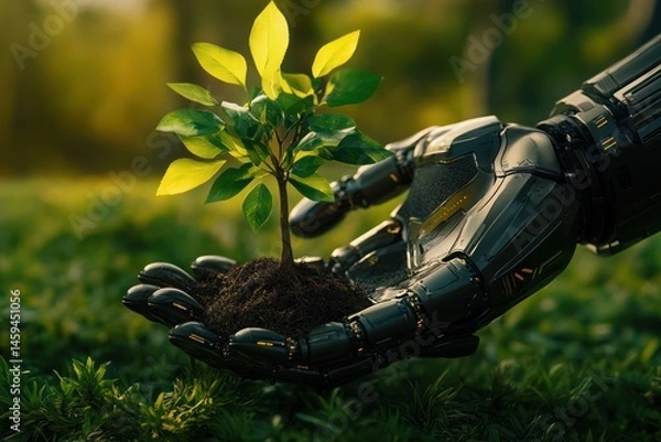 Fototapeta Robot hands holding tree in futuristic nature harmony