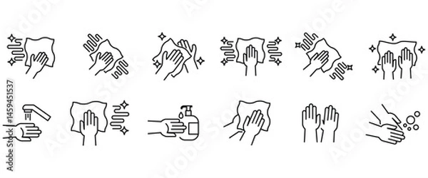 Obraz Cleaning dish icons. Line icon set of Cleaning cloth. Household equipment signs. Trending minimalist icons for cleaning. Gloves, soap and Spray Bottle, Vector illustration on transparent background. 