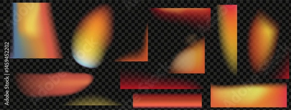 Fototapeta Kit of flim lights.Overlay leaks effect. Gradient bg filters with red and orange holo lens bokeh. At the transparent bg as a png