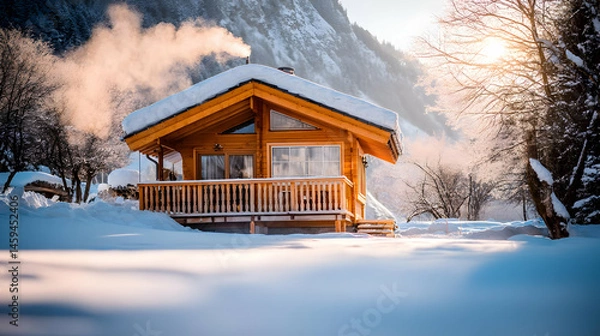 Obraz in the woods during winter with snow on the roof and smoke curling from the chimney
