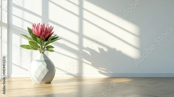 Obraz One striking protea in a geometric vase, modern home interior setting.