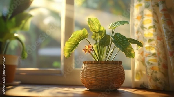 Obraz One taro root plant in tropical indoor pot setup, soft filtered sunlight.
