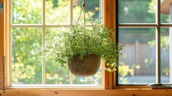Obraz One thyme bush in a hanging pot with trailing stems, bright kitchen light.