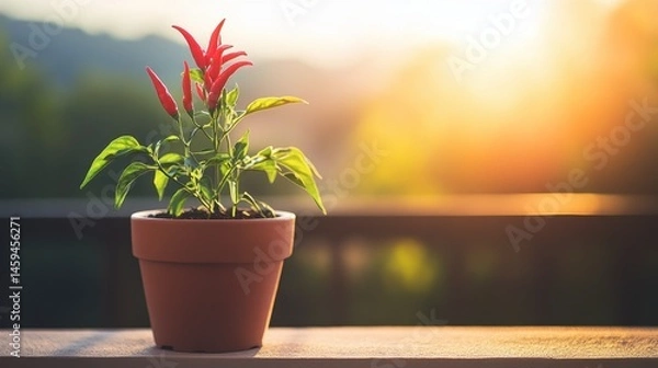 Obraz One vibrant red chili pepper plant growing in a minimal modern pot on a balcony background.