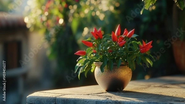 Obraz One vibrant red chili pepper plant growing in a minimal modern pot on a balcony background.