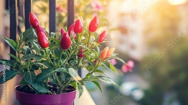 Obraz One vibrant red chili pepper plant growing in a minimal modern pot on a balcony background.