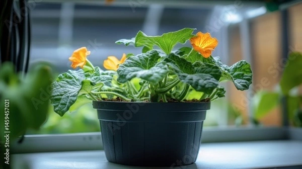 Obraz One zucchini plant in a recycled pot with visible leaves and blossoms, eco-friendly setup.