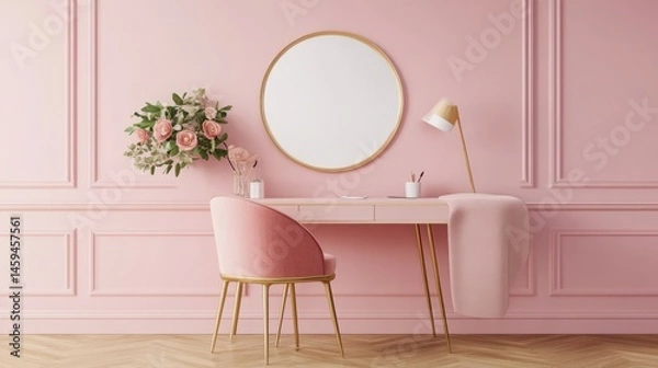 Obraz Pink desk in a pastel pink room, offering a soft and trendy aesthetic.