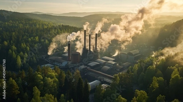 Obraz Pulp and paper mill surrounded by forest, showcasing raw material sourcing.