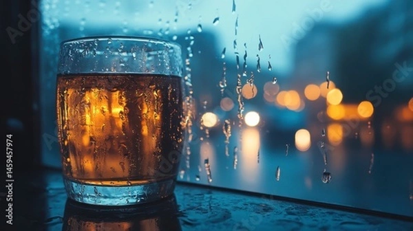 Obraz Rainy evening view from inside a dram shop with reflections on the glass