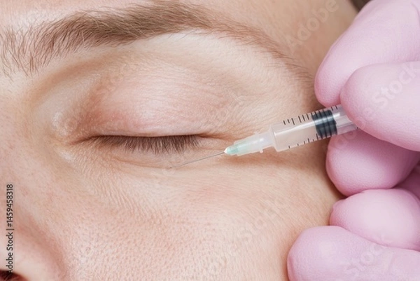 Fototapeta Close-up of a cosmetic injection being administered under the eye area of a person with closed eyes. Ideal for medical, dermatology, anti-aging, and beauty treatment advertising..