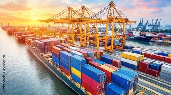 Obraz Shipping containers stacked high at an industrial port terminal.