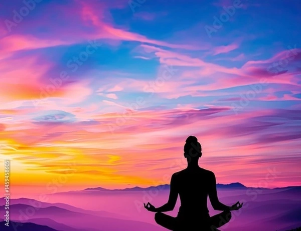 Fototapeta Silhouette of Meditating Figure Against Vibrant Sunset Sky with Colorful Clouds and Majestic Mountain Range Evoking Peaceful Reflection and Inner Calm