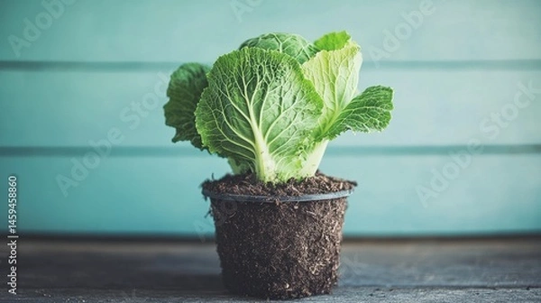 Obraz Single cabbage growing tightly in a pot with mulch base, ideal for farm-to-table concept.