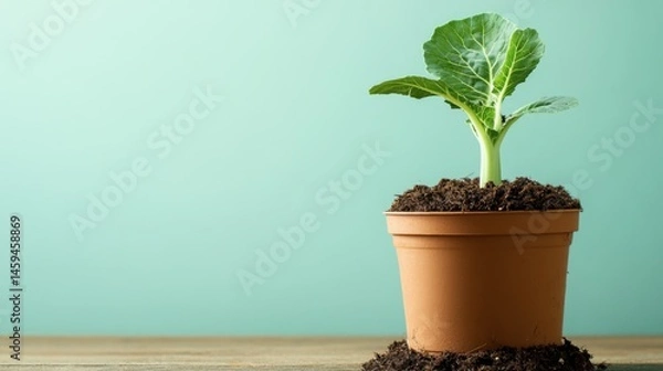 Obraz Single cabbage growing tightly in a pot with mulch base, ideal for farm-to-table concept.