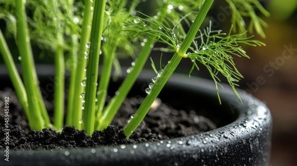 Obraz Single fennel bulb visible above soil in a dark ceramic pot with morning dew.