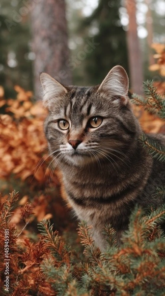 Fototapeta Portrait of tabby cat in natural outdoor setting with fall foliage and evergreen needles framing the face
