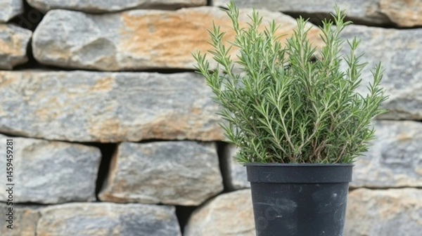 Obraz Single rosemary sprig growing strong in a matte black container against stone wall.