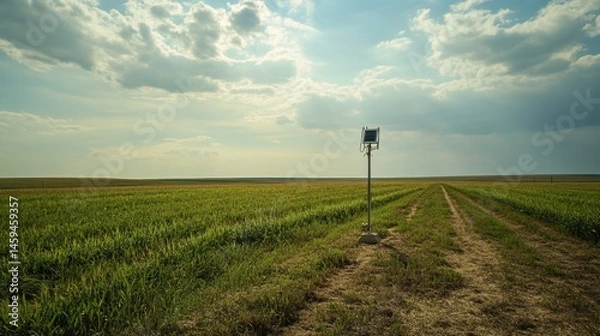 Obraz Solar-powered crop monitoring station standing alone in field.