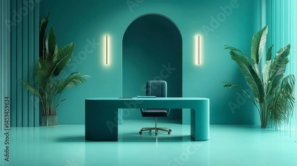 Obraz Teal desk with teal walls and floor, all in a soft matte finish for a modern color-block style.