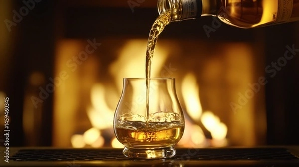 Obraz Whiskey being poured into a glass with a fireplace flickering in the background