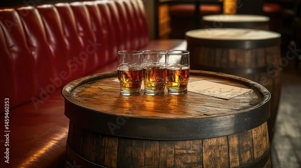 Obraz Whiskey barrel repurposed as a table with glasses and tasting notes at a dram shop