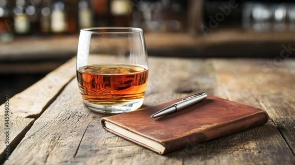 Obraz Whiskey journal and pen beside a full glass on a wooden table in a dram shop