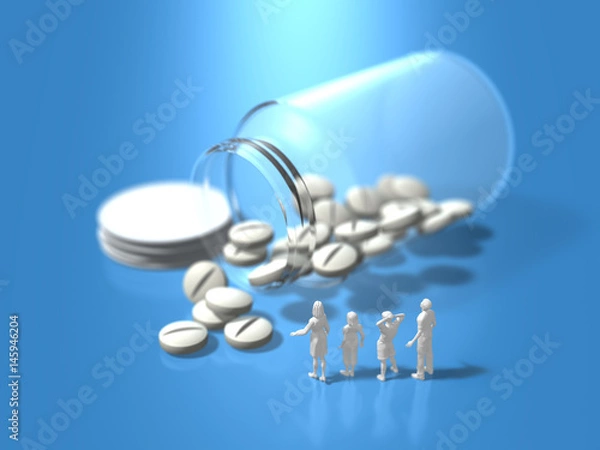 Fototapeta Family figures looking at the medicine bottle that spilled out of the tablets