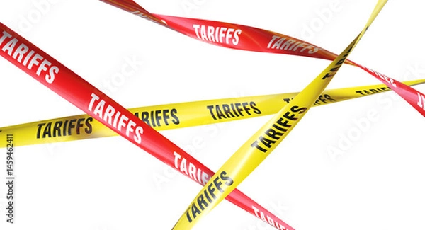 Fototapeta Red and yellow barrier tapes with the word tariffs 3d