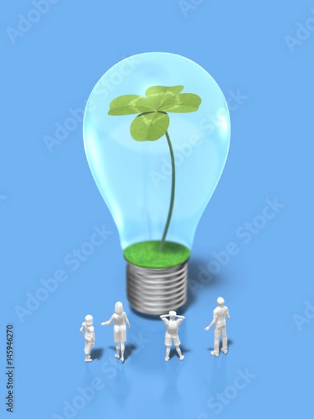 Fototapeta Family figures looking at the light bulb with four-leaf clovers