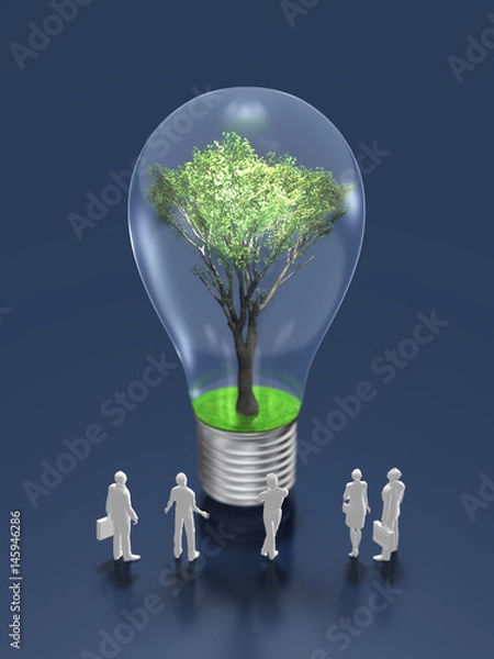 Fototapeta Business figures looking at the light bulb with trees