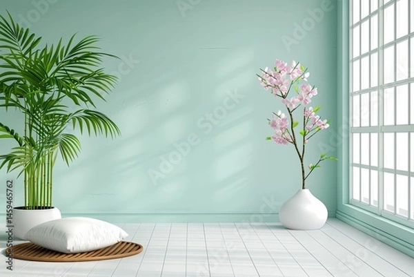 Fototapeta Serene Minimalist Interior with Lush Greenery and Delicate Blossoms Bathed in Soft Natural Light Creating a Tranquil Atmosphere for Relaxation and Reflection