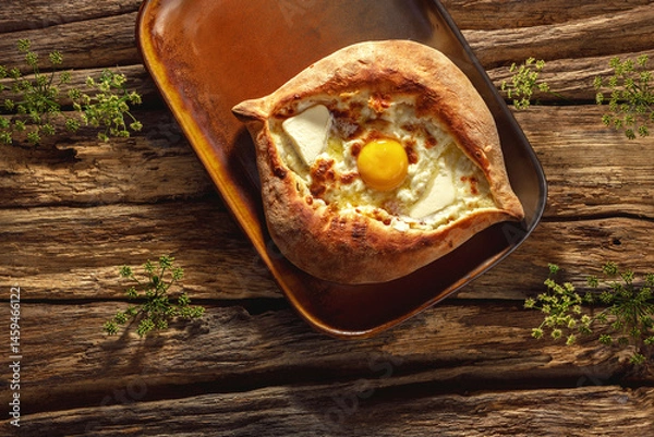 Fototapeta A traditional khachapuri rests on an authentic plate, basking in sunny light against a rustic wooden background, highlighting its golden crust and gooey cheese filling.