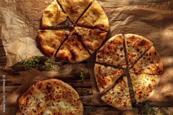 Fototapeta A traditional khachapuri  basking in sunny light against a rustic wooden background, highlighting its golden crust and gooey cheese filling.