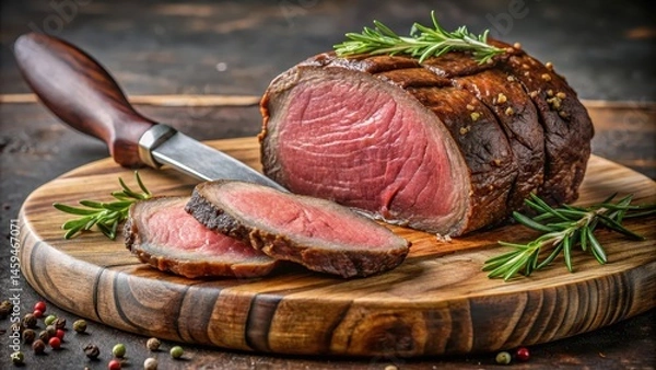 Obraz A juicy slice of eye round roasted beef being sliced by a sharp knife on a cutting board, revealing its tender interior and rich flavor profile , high-quality image, meat slicing