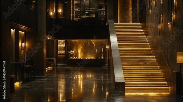 Obraz Grand, dimly lit, opulent lobby with golden accents.  A dramatic staircase leads to upper levels, bathed in warm, inviting light.  Sleek, modern design with rich dark tones