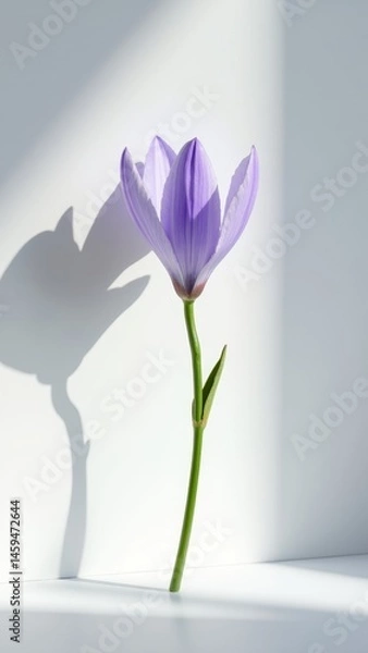 Obraz A purple flower with a long stem and shadow on the white background