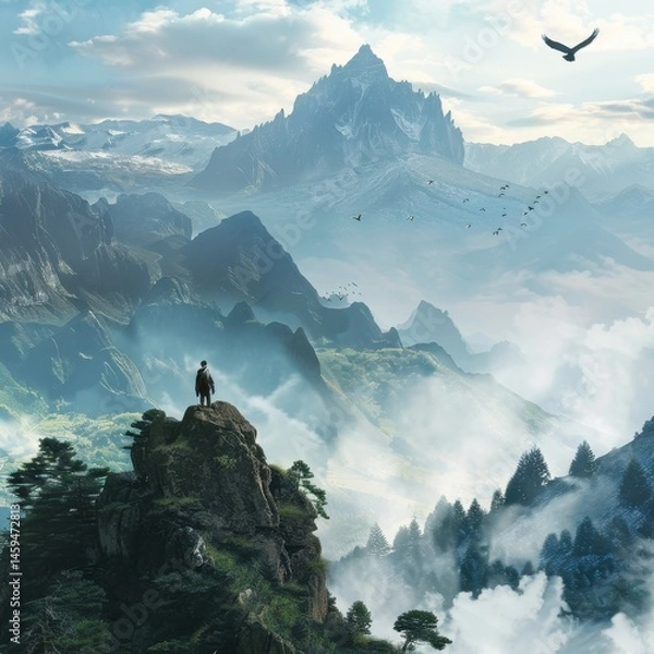 Fototapeta Travelers exploring stunning mountain landscapes under a vast sky with birds soaring above, depicting the thrill of adventure in nature