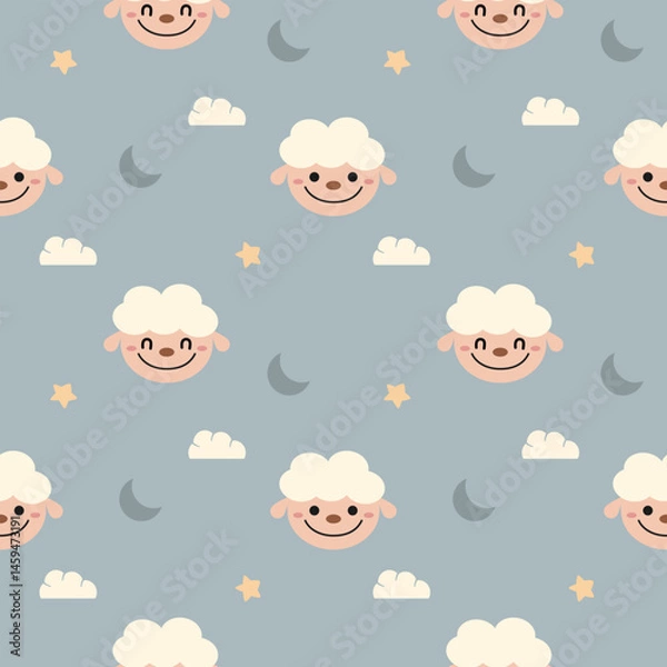 Fototapeta Face sheep smile cartoon so cute. On star moon cloud background. Pattern seamless vector illustration. 